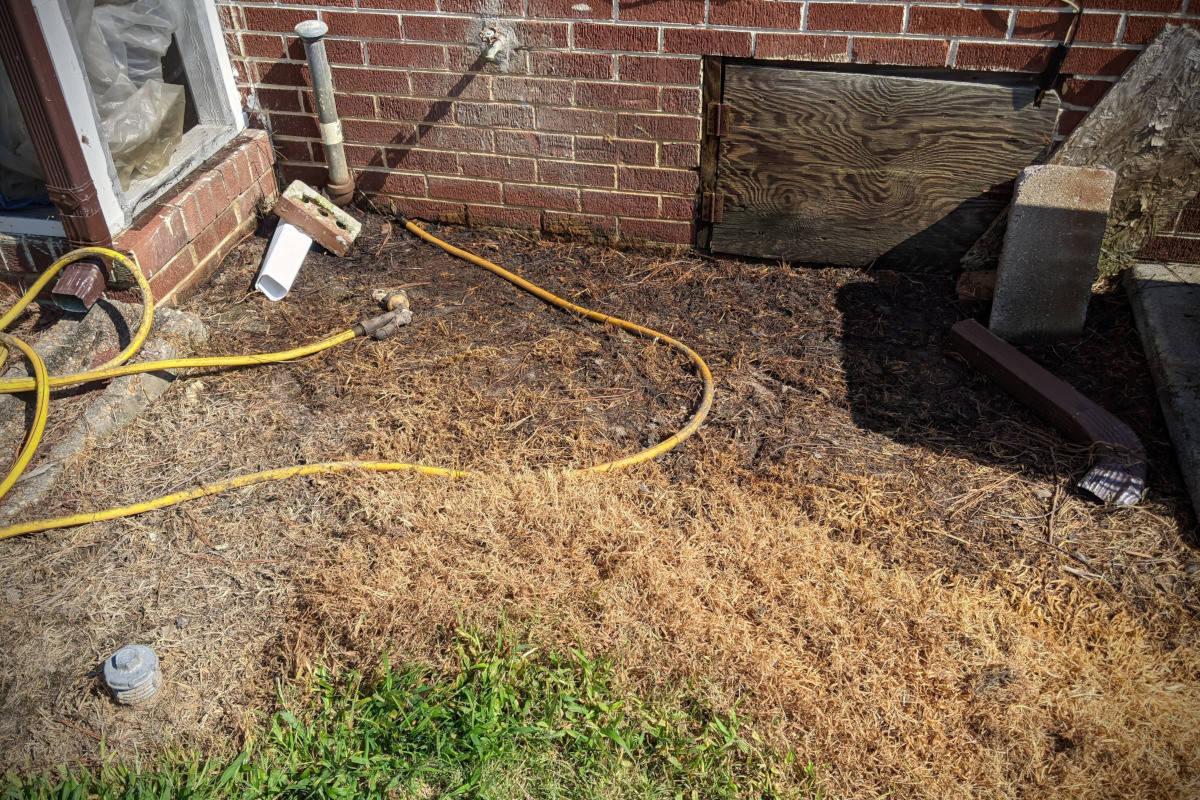 Photo of dead grass around fill port and vent pipe.